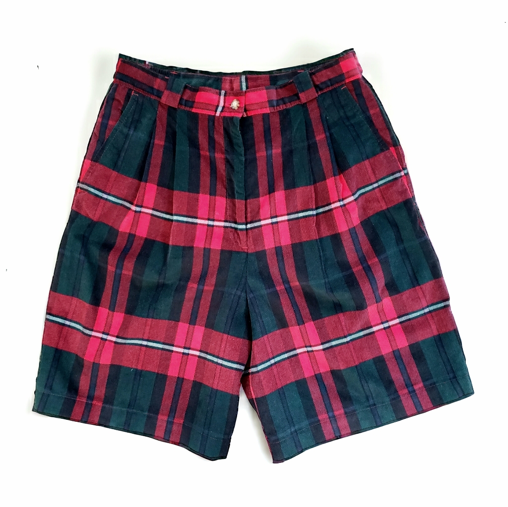 Baxter Wells Womens 14 Tartan Plaid Corduroy Shorts Pleat Front High Waist Vtg